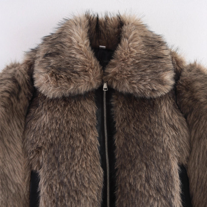Damen Kurze Faux-Fur Bomberjacke mit Reißverschluss und Rippsaum Drune