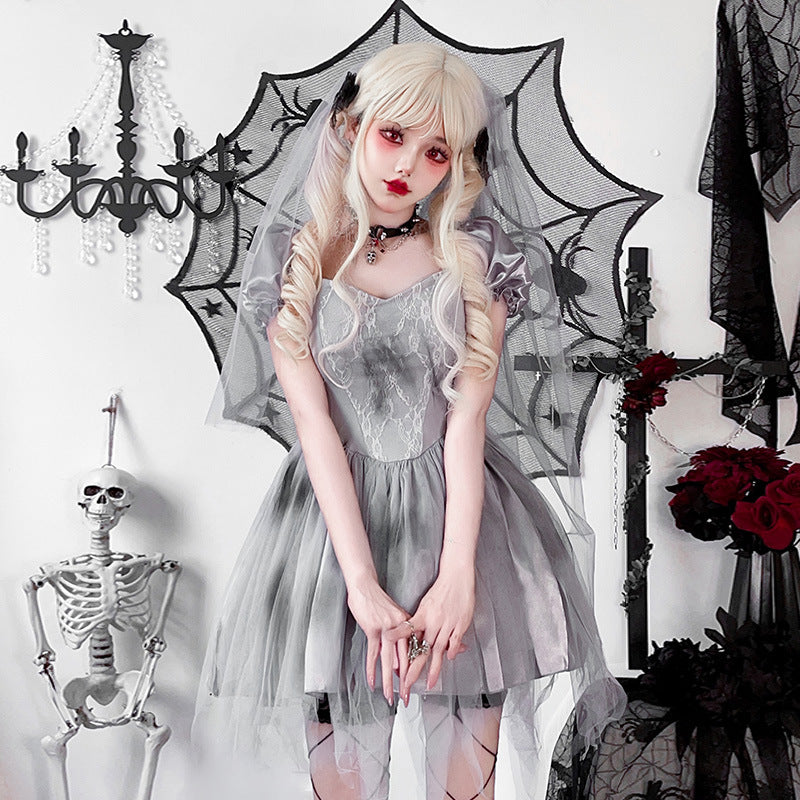 Damen Gothic Brautkleid mit Tüll- und Spitzenverzierungen Drune
