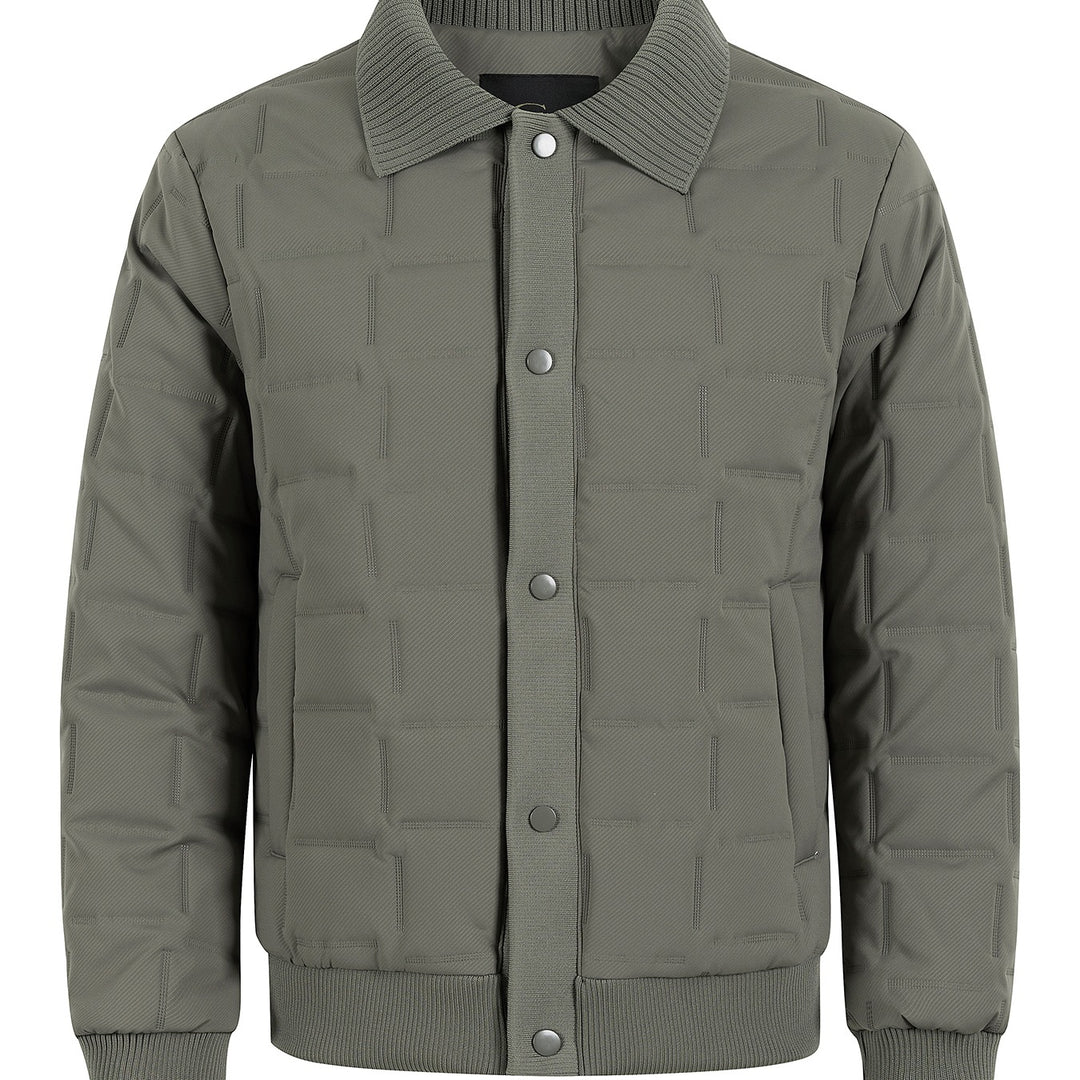 Herren Kurz geschnittene gesteppte Bomberjacke mit Rippenkragen, Druckknopfleiste und geometrischem Quilt Drune