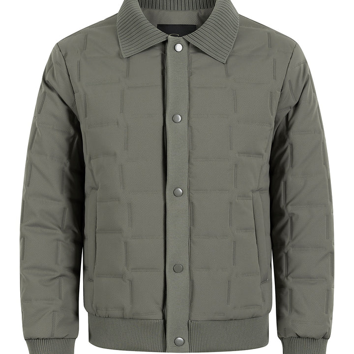 Herren Kurz geschnittene gesteppte Bomberjacke mit Rippenkragen, Druckknopfleiste und geometrischem Quilt Drune