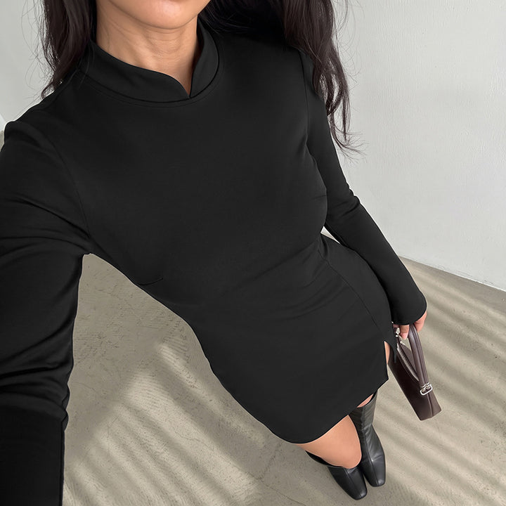 Damen Elegantes Kleid mit Stehkragen und langem Arm Drune