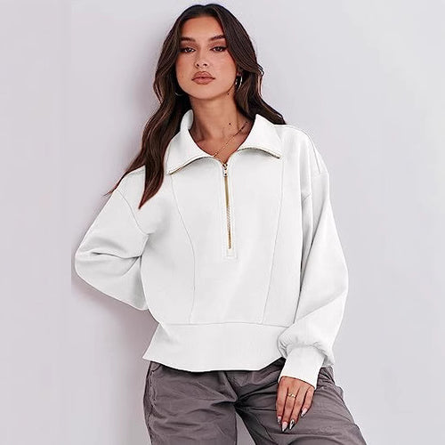 Damen Halb-Zip Kragen Entspannt Sweatshirt Pullover mit Rippbund und -manschetten Drune