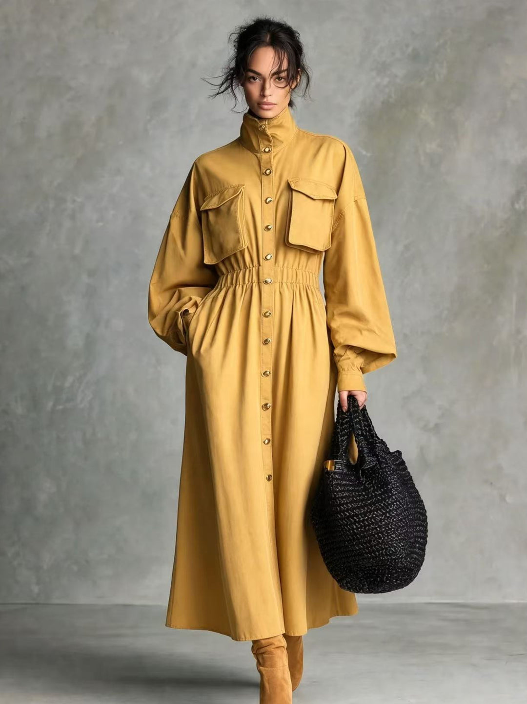 Damen Elegantes Hemdkleid mit Taschen und Taillengürtel Drune