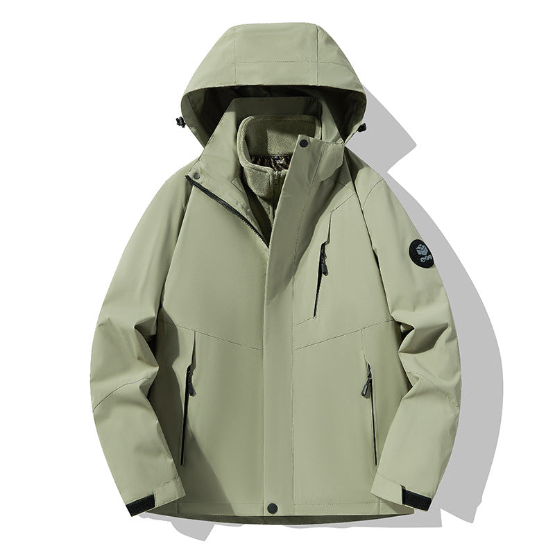 Herren dreilagige atmungsaktive Softshell-Trekkingjacke mit integriertem Fleecekragen und verstellbarer Kapuze Drune