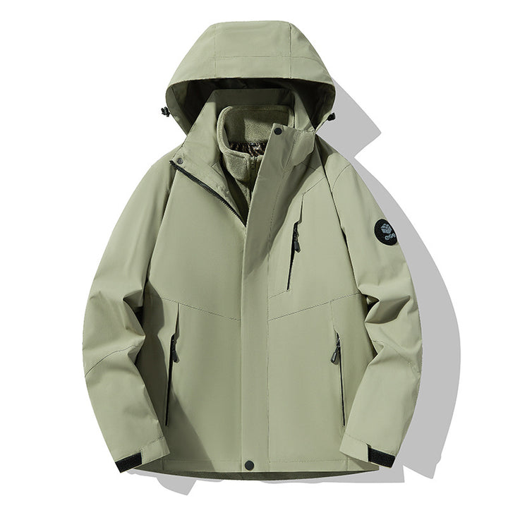 Herren dreilagige atmungsaktive Softshell-Trekkingjacke mit integriertem Fleecekragen und verstellbarer Kapuze Drune