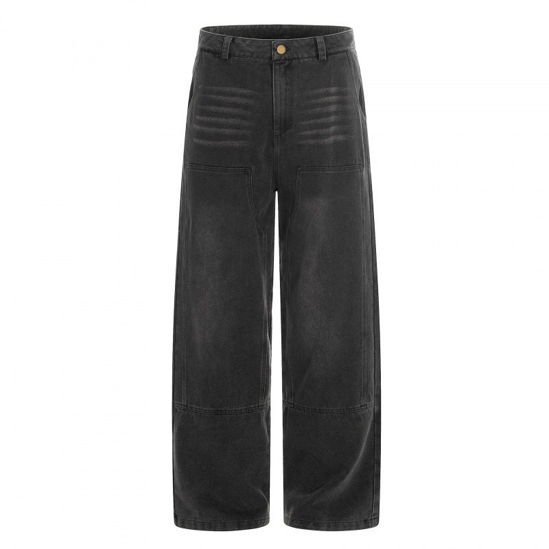 Damen hochgeschnittene Weitbein-Jeans im Utility-Look mit aufgesetzten Taschen Drune