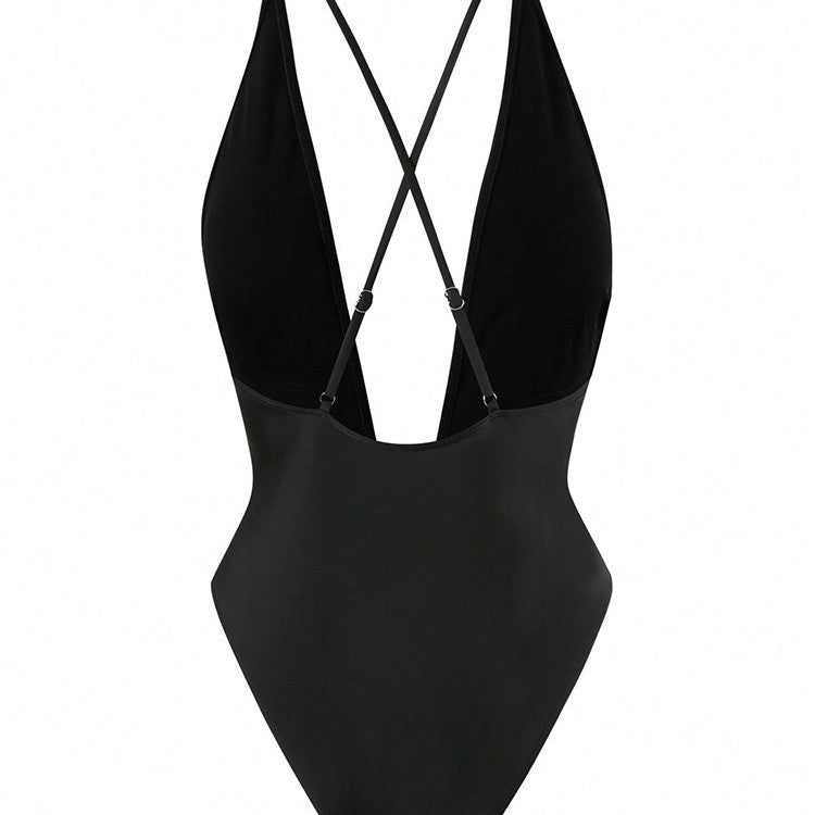 Damen Einteiler Badeanzug mit tiefem V-Ausschnitt und stilvollem Ringdetail Drune