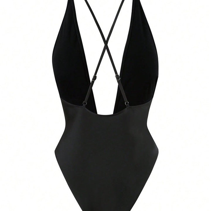 Damen Einteiler Badeanzug mit tiefem V-Ausschnitt und stilvollem Ringdetail Drune