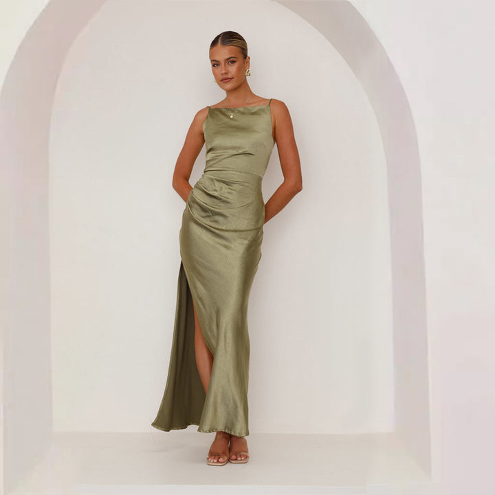 Damen Elegantes Satin-Maxikleid mit seitlichem Schlitz und schmalen Spaghettiträgern Drune