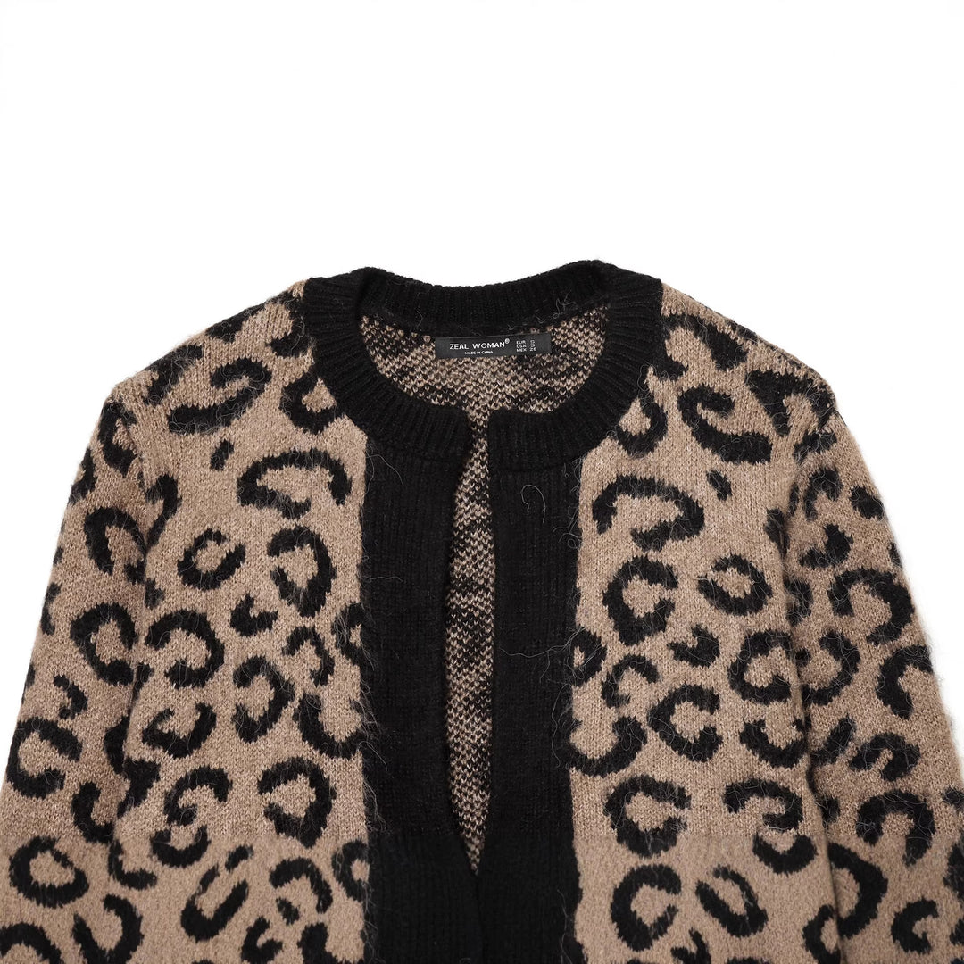 Damen nan kuschelige Leopard-Muster Strickjacke mit offener Front, Rippbündchen und weichem Mohair-Effekt Drune
