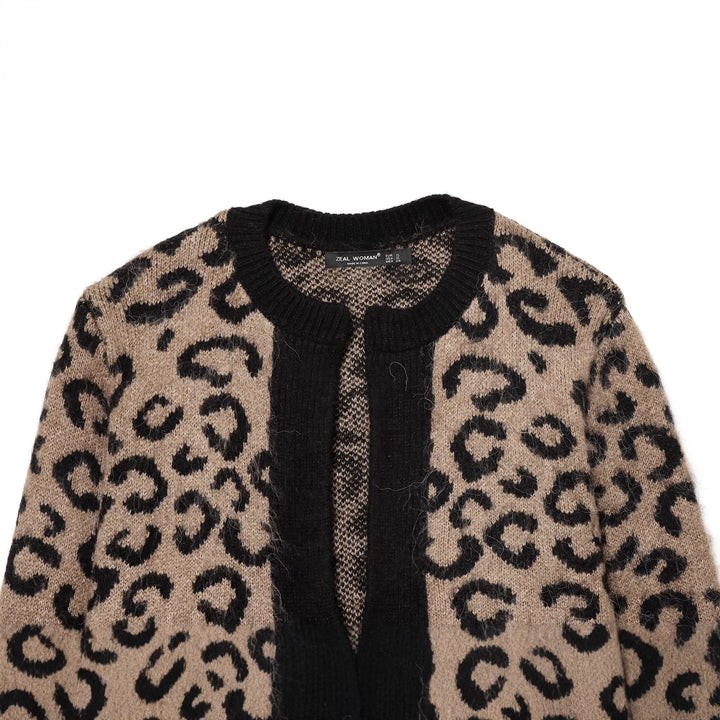 Damen nan kuschelige Leopard-Muster Strickjacke mit offener Front, Rippbündchen und weichem Mohair-Effekt Drune