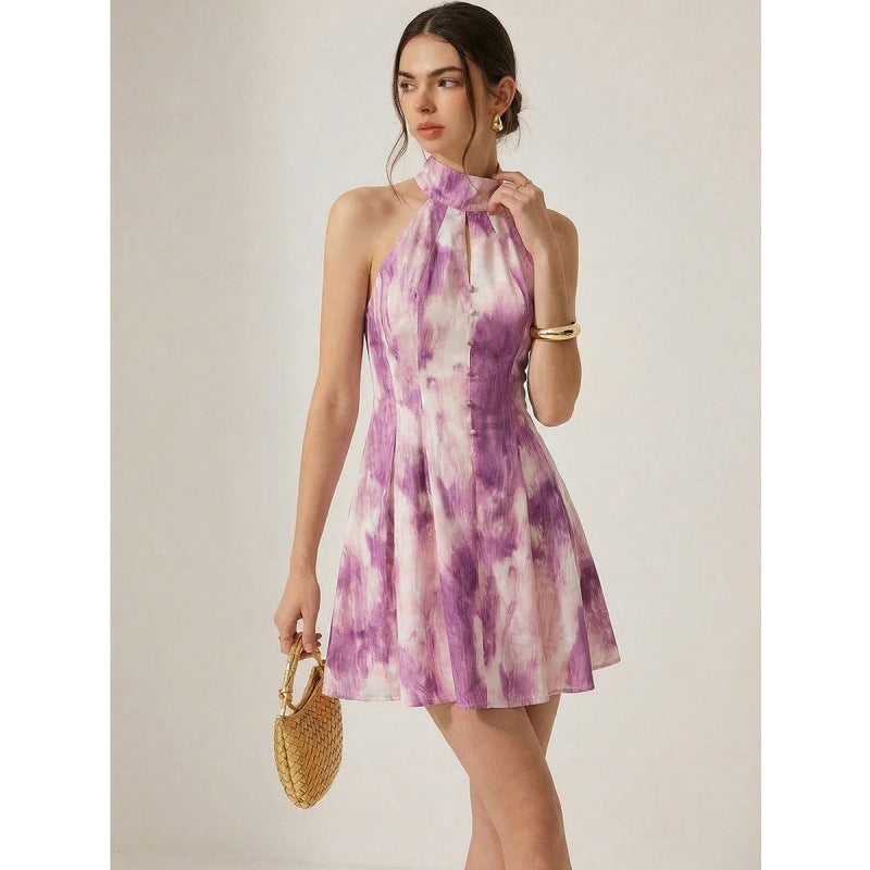 Damen Sommerliches Minikleid mit hochgeschlossenem Kragen und verspieltem Farbverlauf Drune