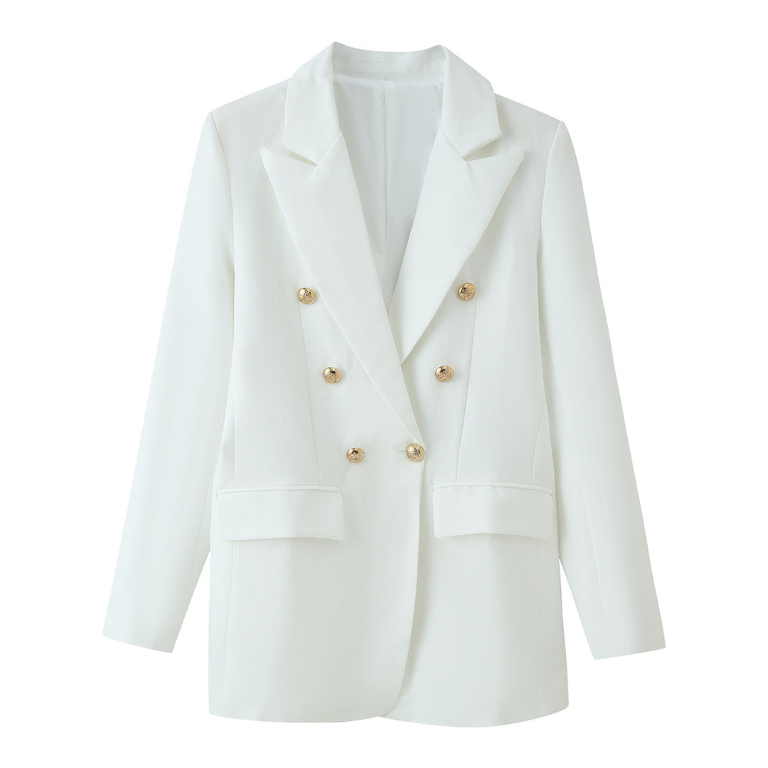 Damen Doppelreihiger Longline-Blazer mit Schalkragen und goldenen Zierknöpfen Drune