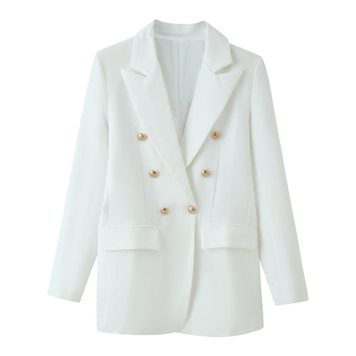Damen Doppelreihiger Longline-Blazer mit Schalkragen und goldenen Zierknöpfen Drune