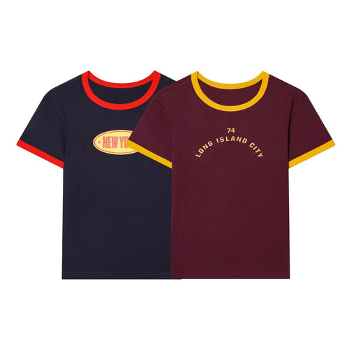 Damen Freizeit T-Shirt mit kontrastierenden Ärmeln und trendigem Schriftzug Drune