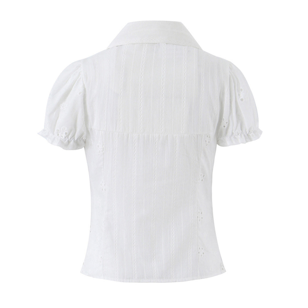 Damen Broderie-Anglaise Bluse mit Puffärmeln, Taillenbetonung und vorderer Bindung Drune