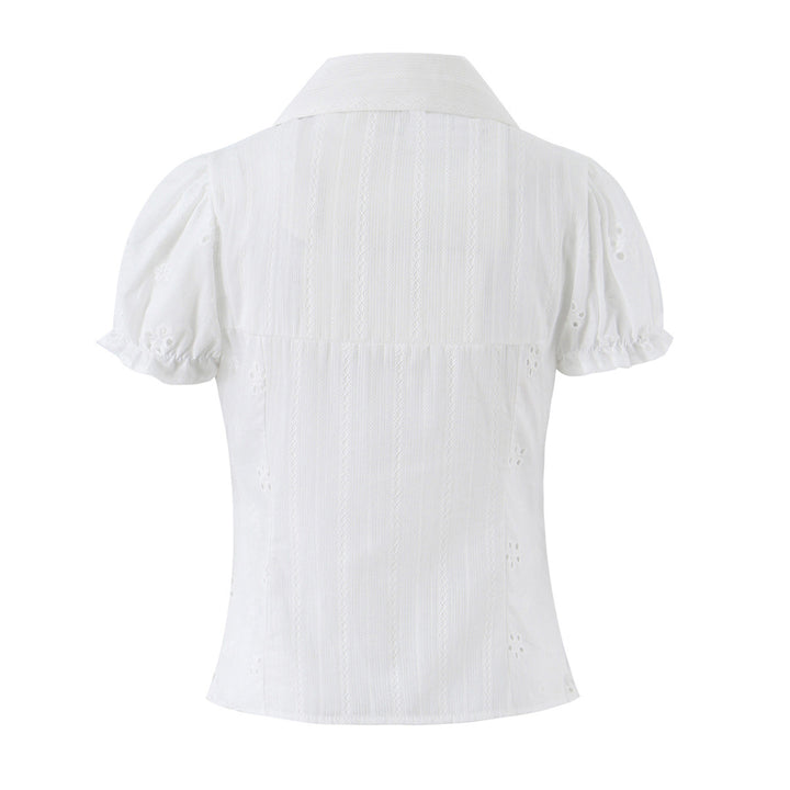 Damen Broderie-Anglaise Bluse mit Puffärmeln, Taillenbetonung und vorderer Bindung Drune