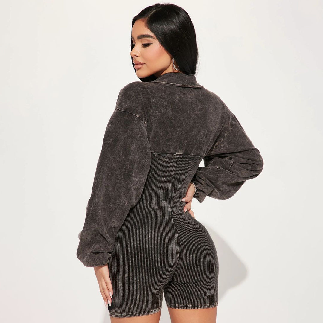 Damen Modischer Jumpsuit mit Puffärmeln und Rippstruktur Drune