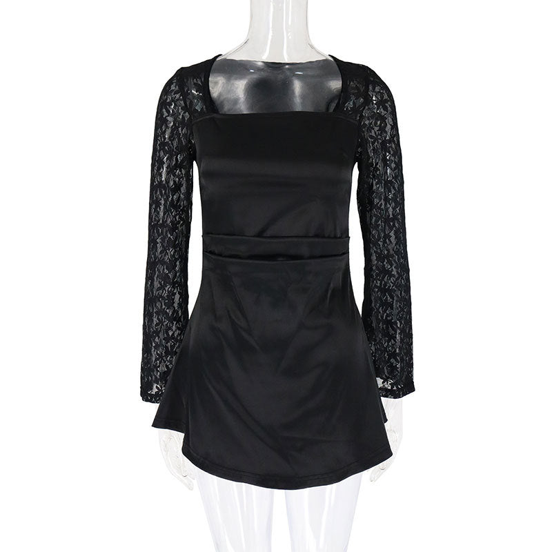Damen Elegantes Kleid mit Spitzenärmel und fließendem Rock Drune