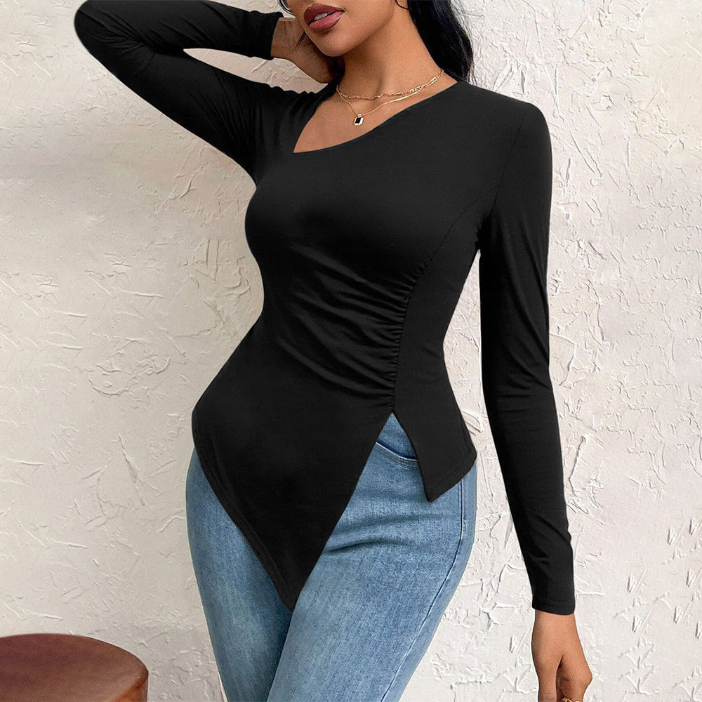 Damen asymmetrisches Langarm-Shirt mit diagonalem Cut-Out, taillierter Seitenraffung und spitz zulaufendem Zipfel-Saum Drune