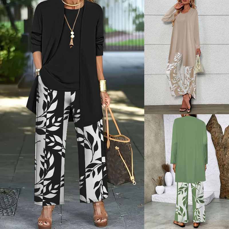 Damen Zweiteiler Offener Longcardigan mit Langarm und Palazzo‑Hose mit Blattprint Drune
