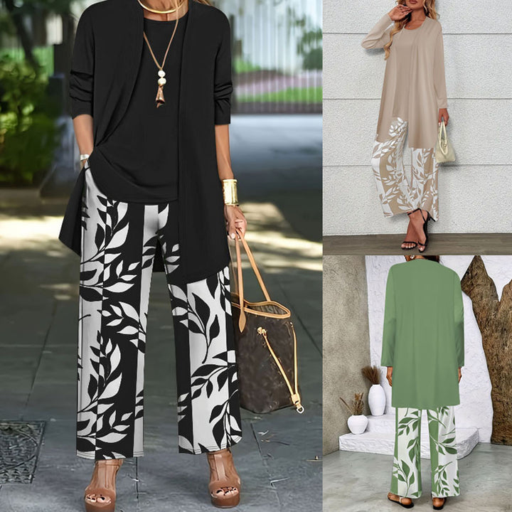 Damen Zweiteiler Offener Longcardigan mit Langarm und Palazzo‑Hose mit Blattprint Drune