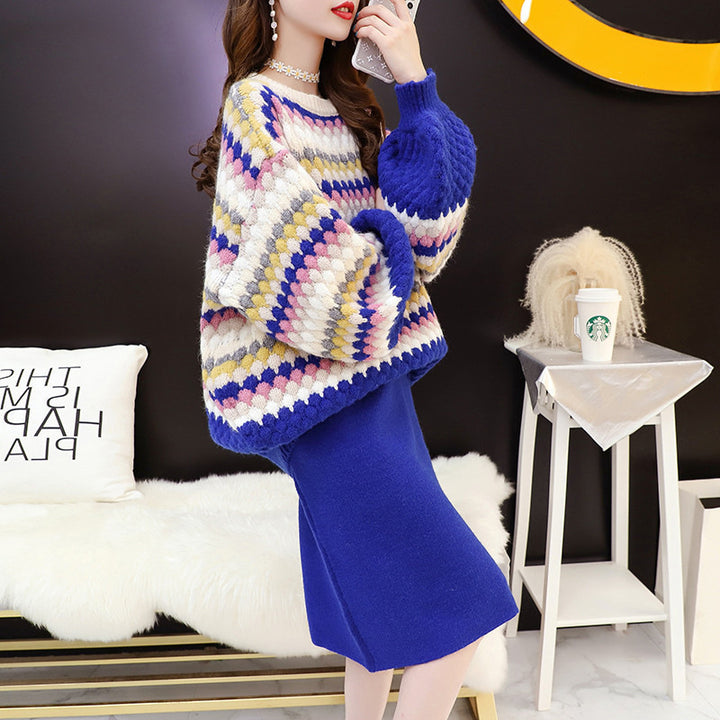 Damen gemütlicher Strickpullover mit buntem Blockmuster und voluminösen Ärmeln Drune