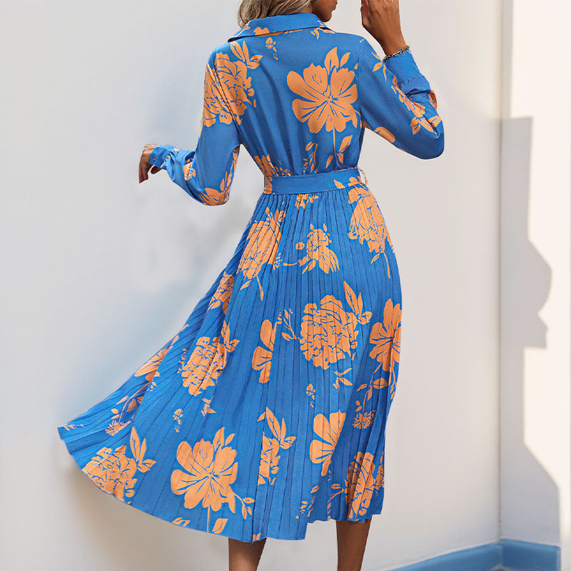 Damen Plissiertes Hemdblusenkleid mit Wickel‑V‑Ausschnitt, Taillengürtel und floralem Print Drune