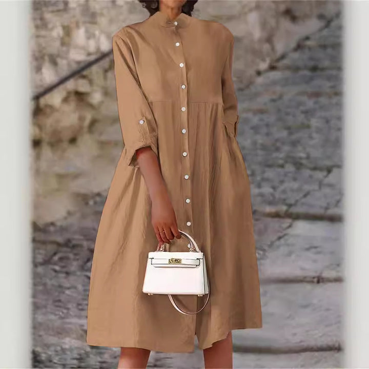 Damen Oversize Midi Kleid im Leinen-Look mit Stehkragen, Knopfleiste und Seiten Taschen Drune