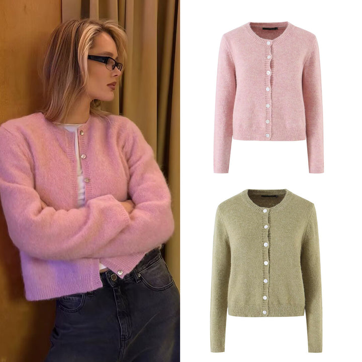 Damen Feinstrick-Cardigan mit Rundhalsausschnitt, Perlmuttknopfleiste und flauschiger Mohair-Optik Drune