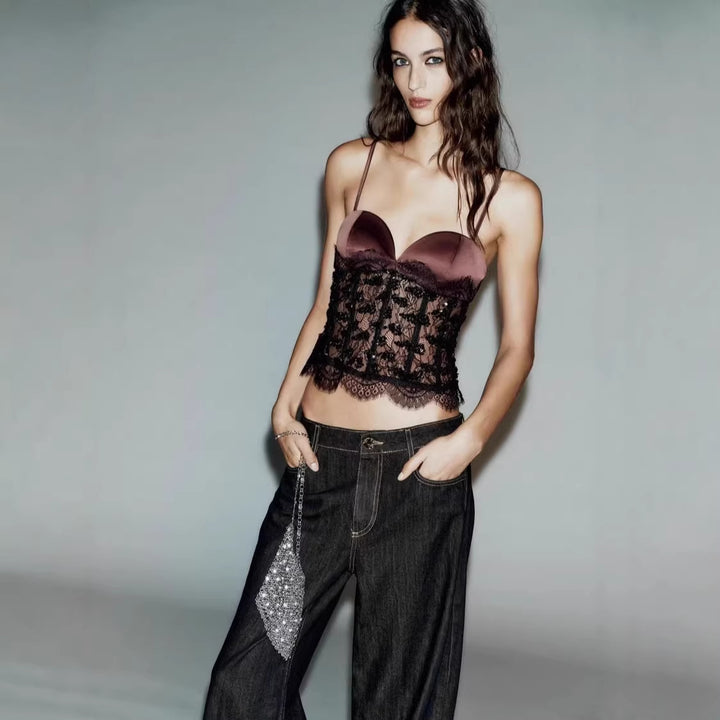 Damen Spitzen-Crop-Top mit herzförmigem Ausschnitt und eleganter Bundkante Drune