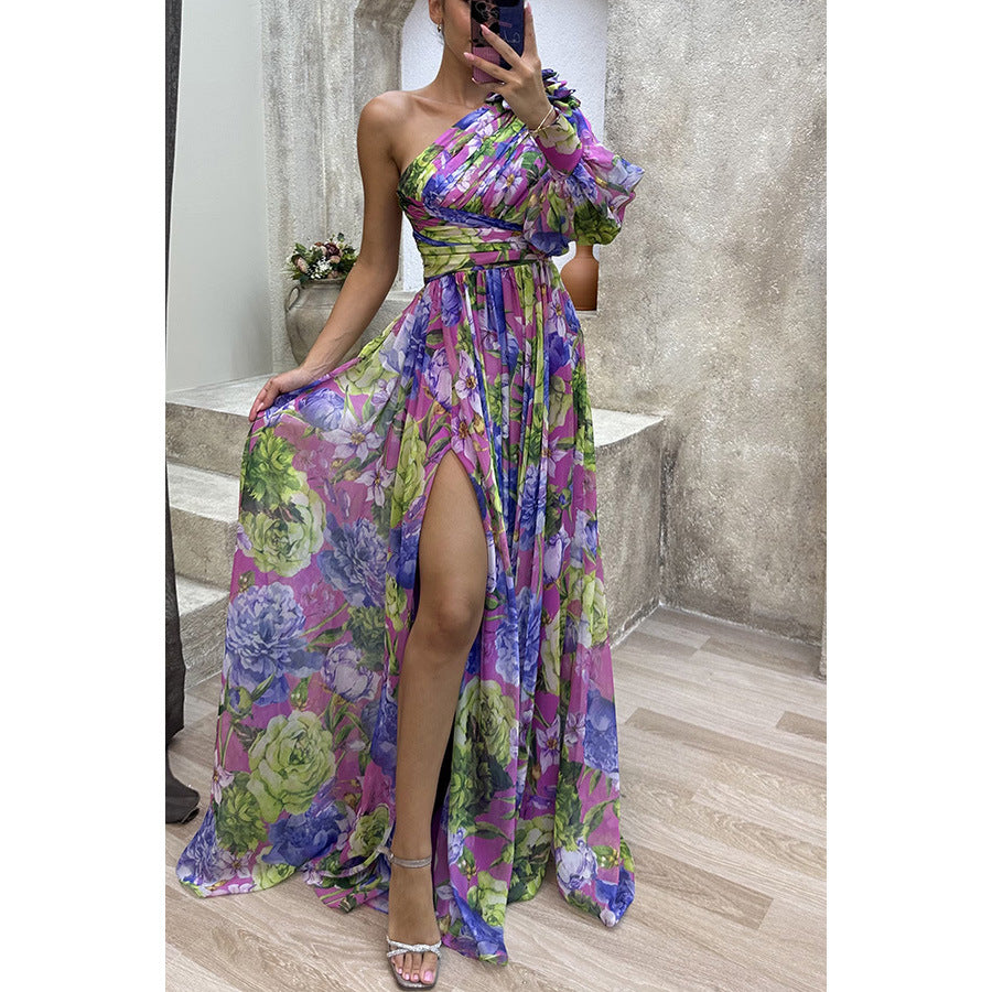 Damen Maxikleid mit asymmetrischem Schnitt und floralen Applikationen Drune