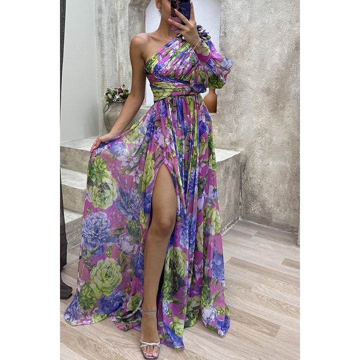 Damen Maxikleid mit asymmetrischem Schnitt und floralen Applikationen Drune