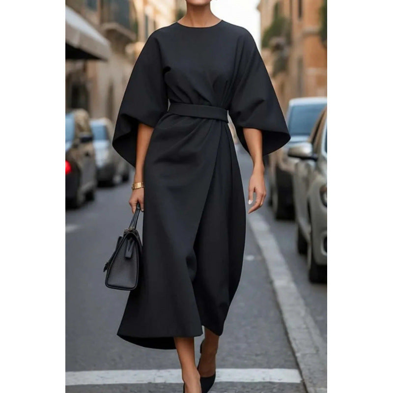 Damen Elegantes Maxikleid mit weiten Ärmeln und tailliertem Gürtel Drune