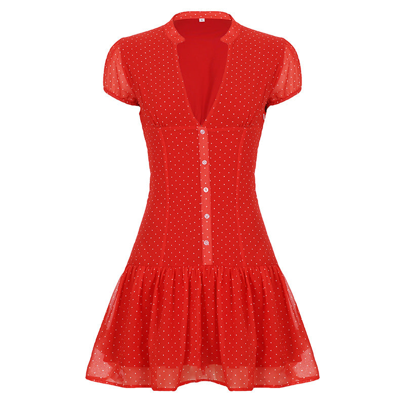 Damen verspieltes Polka Dot Kleid mit knopfbarem Ausschnitt und voluminösem Saum Drune