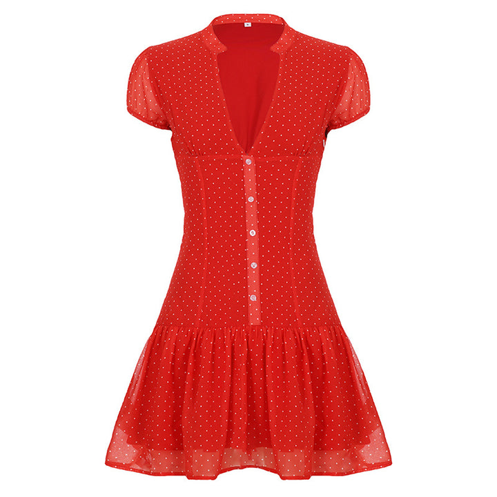 Damen verspieltes Polka Dot Kleid mit knopfbarem Ausschnitt und voluminösem Saum Drune