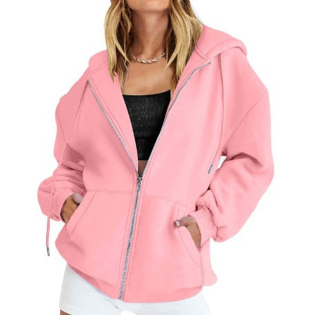 Damen nan oversized Zip-Kapuzenjacke mit kontrastierendem Reißverschluss, doppellagiger Kapuze und Kängurutasche Drune