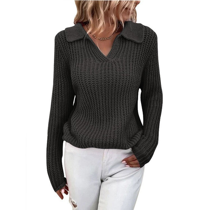 Damen V-Ausschnitt Strickpullover mit Kragen Drune