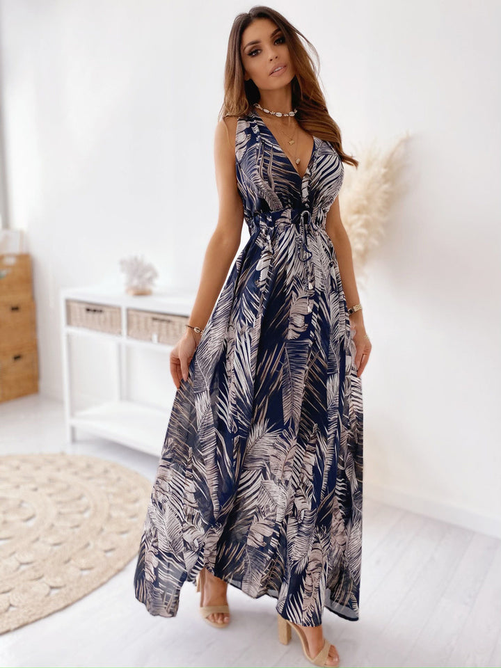 Damen Maxikleid mit V-Ausschnitt und raffiniertem Bindegürtel Drune