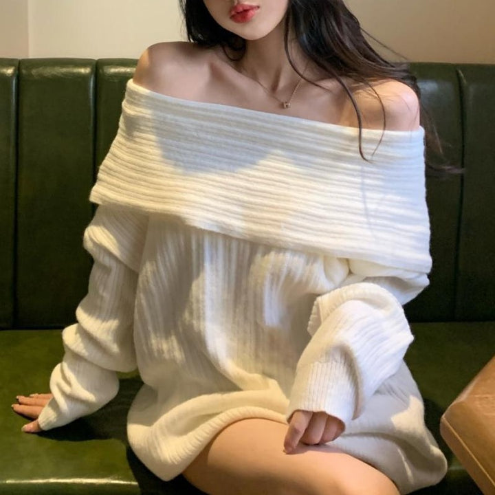 Damen Oversized Pullover mit lässigem Off-Shoulder Design und feiner Rippstruktur Drune