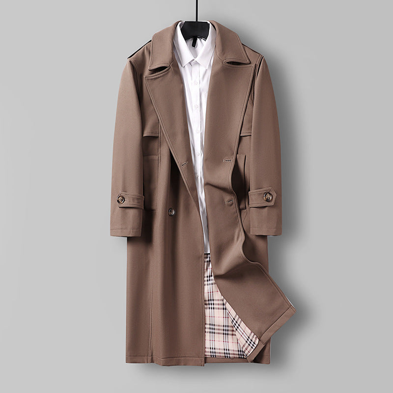 Herren Midilanger Doppelreihiger Trenchcoat mit Taillengürtel, abgefalcetem Revers und kariertem Innenfutter Drune