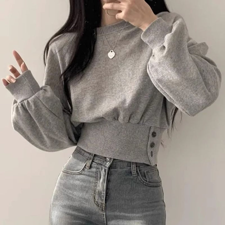 Damen modischer cropped Sweatpullover mit Puffärmeln Drune