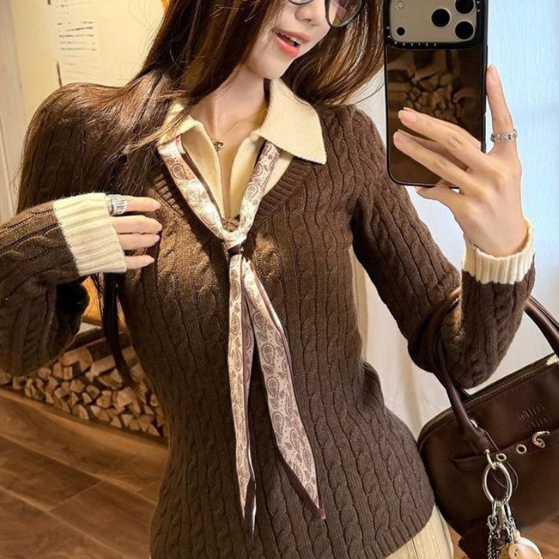 Damen Ribbed Strickpullover mit Hemdkragen und Krawatte Drune