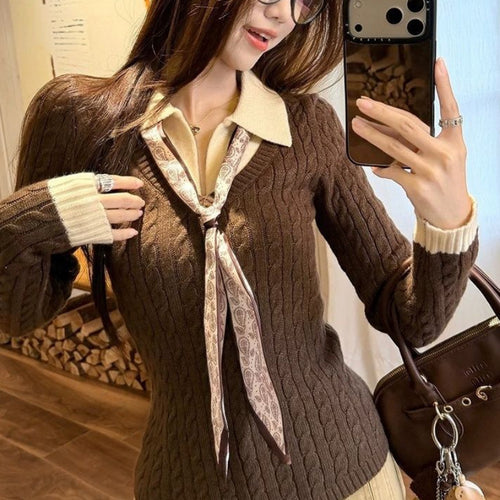 Damen Ribbed Strickpullover mit Hemdkragen und Krawatte Drune