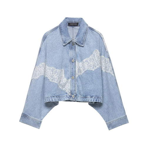 Damen Kurz geschnittene Oversize-Jeansjacke mit Spitzendetail und Fledermausärmeln Drune