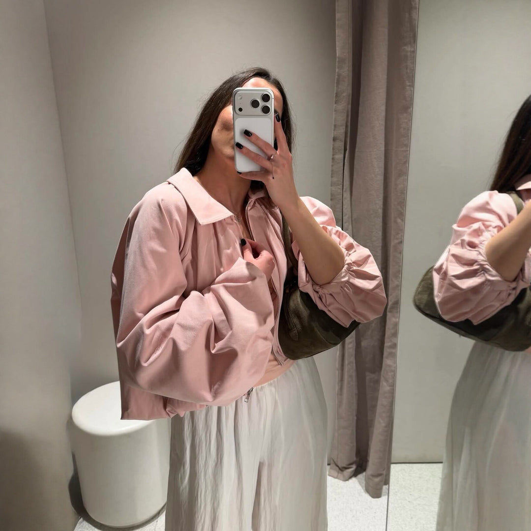 Damen Kurzcape mit Volumenärmeln, Reißverschluss und gerafftem Saum Drune