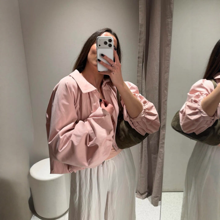 Damen Kurzcape mit Volumenärmeln, Reißverschluss und gerafftem Saum Drune