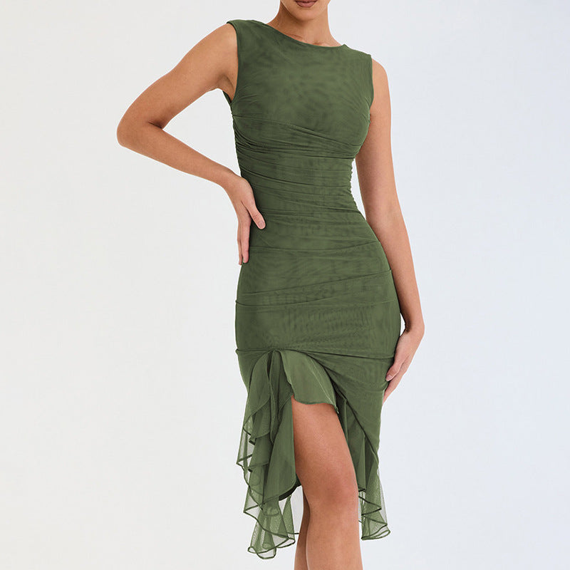 Damen figurbetontes Cocktailkleid mit raffinierten Rüschendetails und asymmetrischem Saum Drune