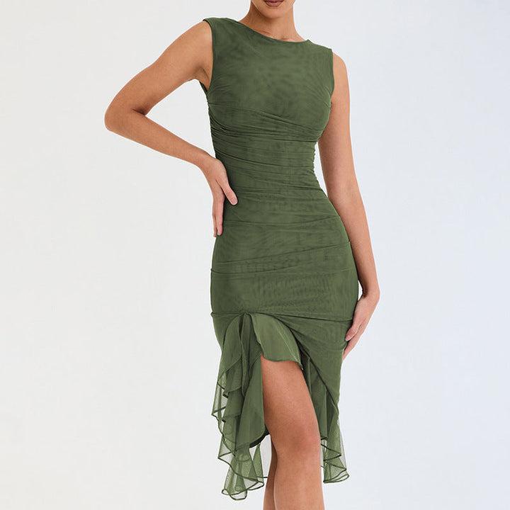 Damen figurbetontes Cocktailkleid mit raffinierten Rüschendetails und asymmetrischem Saum Drune