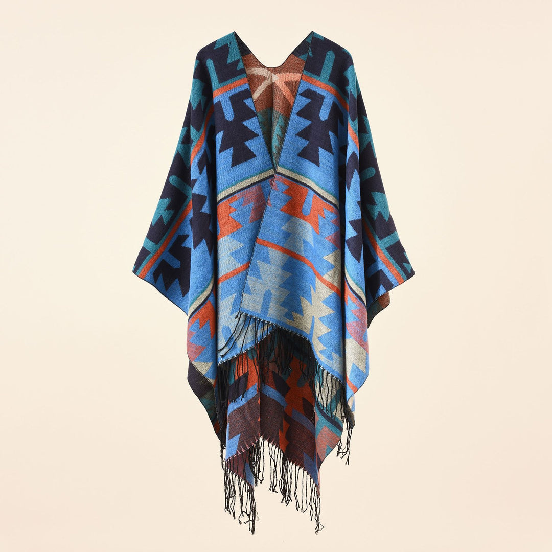 Damen Oversize-Ruana mit V‑Ausschnitt, grobem Jacquardmuster und langen Fransen Drune